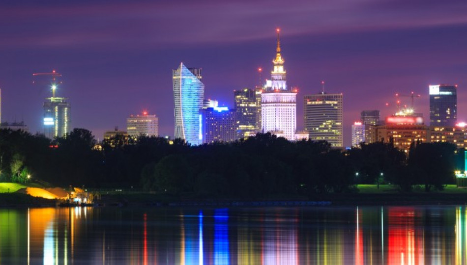 The Palace of Culture and Science (the tallest building in the centre) at night